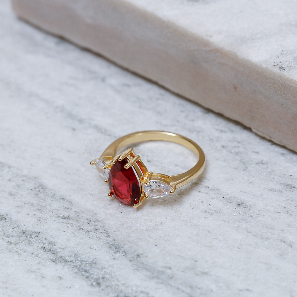 ANEL FORMATURA GOTA VERMELHO RUBI BANHO OURO 18K