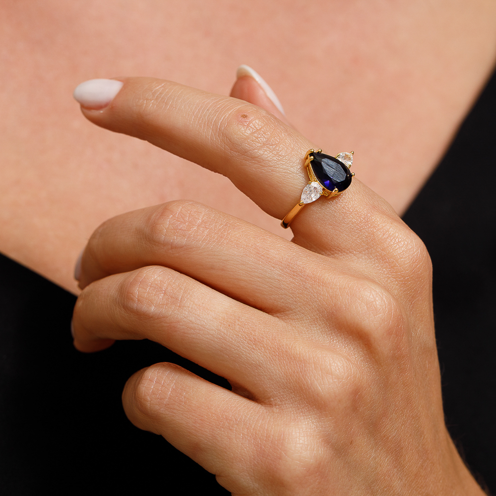 ANEL FORMATURA GOTA AZUL MARINHO BANHO OURO 18K