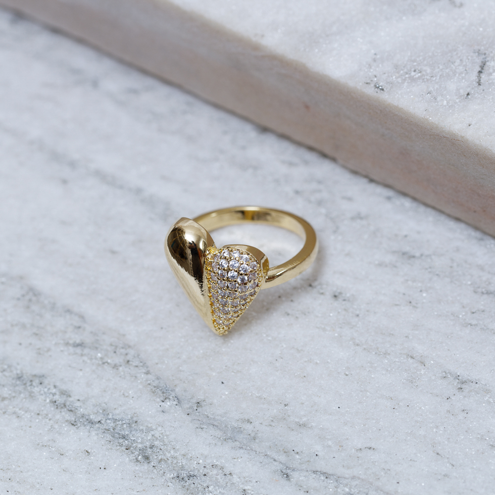 ANEL CORAÇÃO LISO E CRAVEJADO BANHO OURO 18K