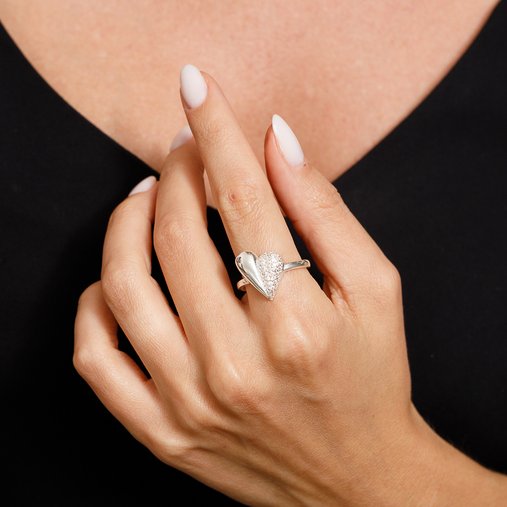 ANEL CORAÇÃO LISO E CRAVEJADO BANHO PRATA