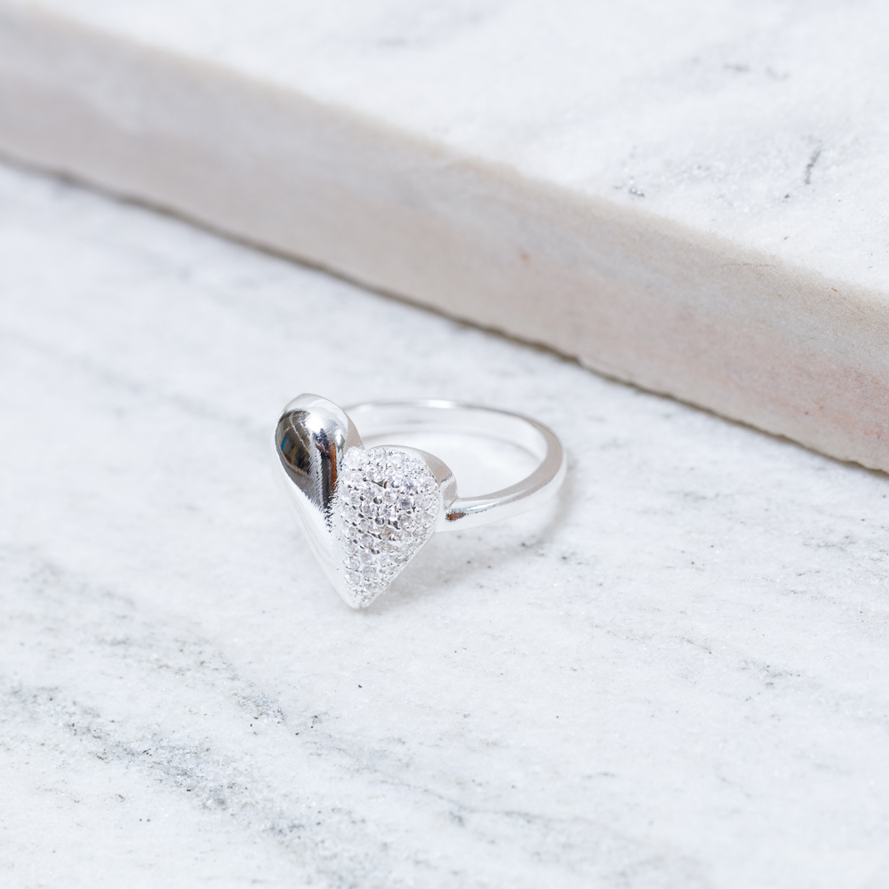 ANEL CORAÇÃO LISO E CRAVEJADO BANHO PRATA