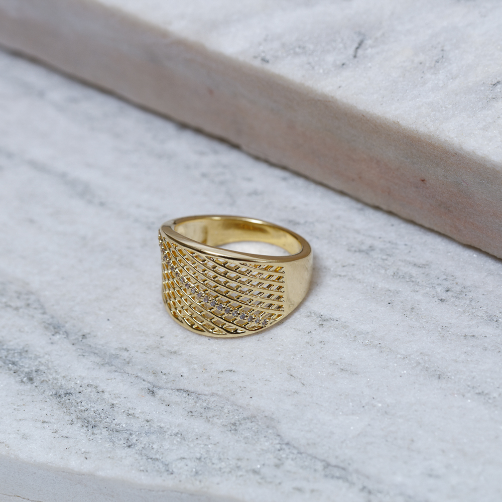 ANEL ARAMADO COM ZIRCÔNIAS BANHO OURO 18K