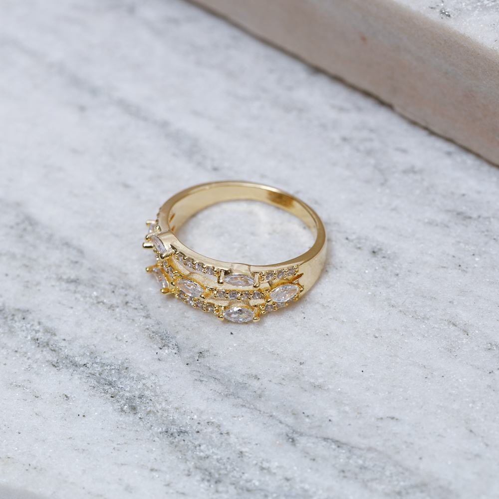 ANEL TRÊS FILEIRAS CRAVEJADAS BANHO OURO 18K