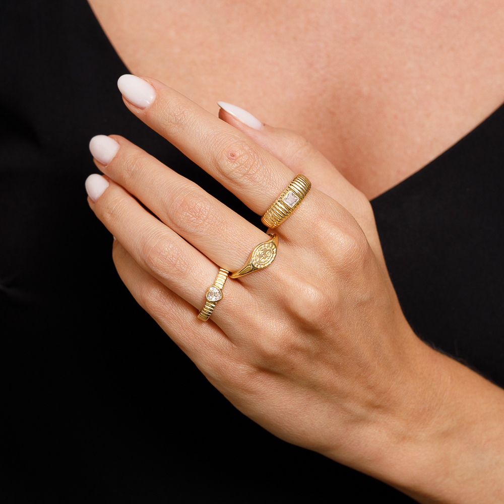 ANEL CARACOL COM PONTO DE LUZ QUADRADO BANHO OURO 18K