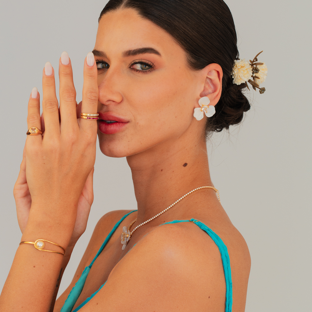 ANEL DEDINHO QUADRADO CRISTAL REGULÁVEL BANHO OURO 18K