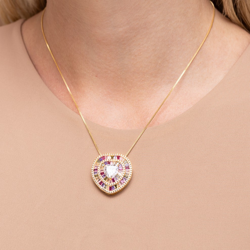 COLAR CORAÇÃO GRANDE COM ZIRCÔNIAS COLORIDAS BANHO OURO 18K