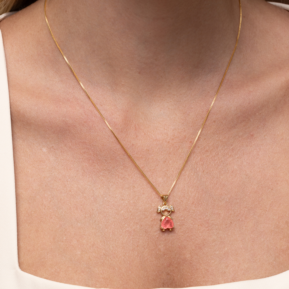 COLAR FILHOS MENINA COM PEDRA GOIABA BANHO OURO 18K