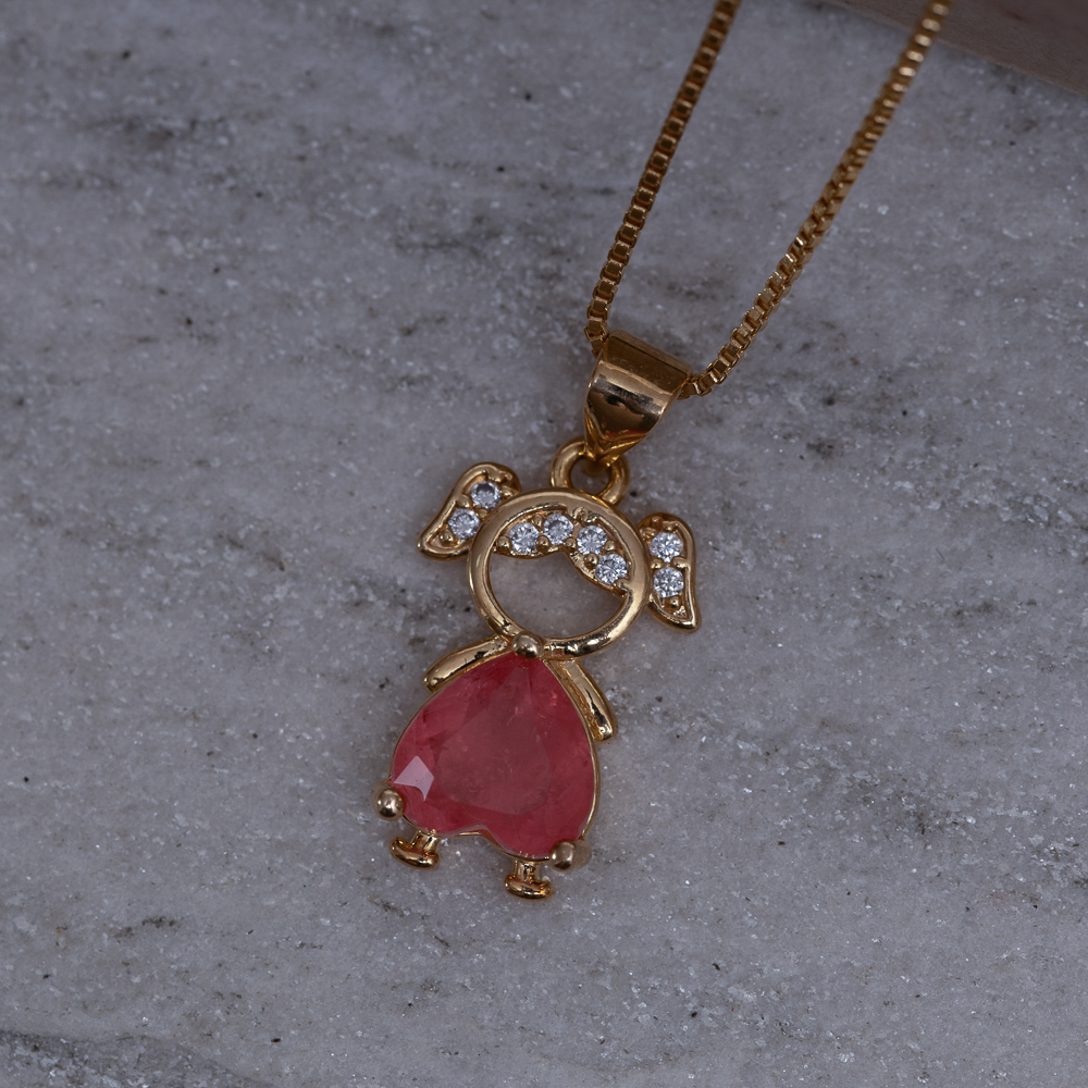 COLAR FILHOS MENINA COM PEDRA GOIABA BANHO OURO 18K