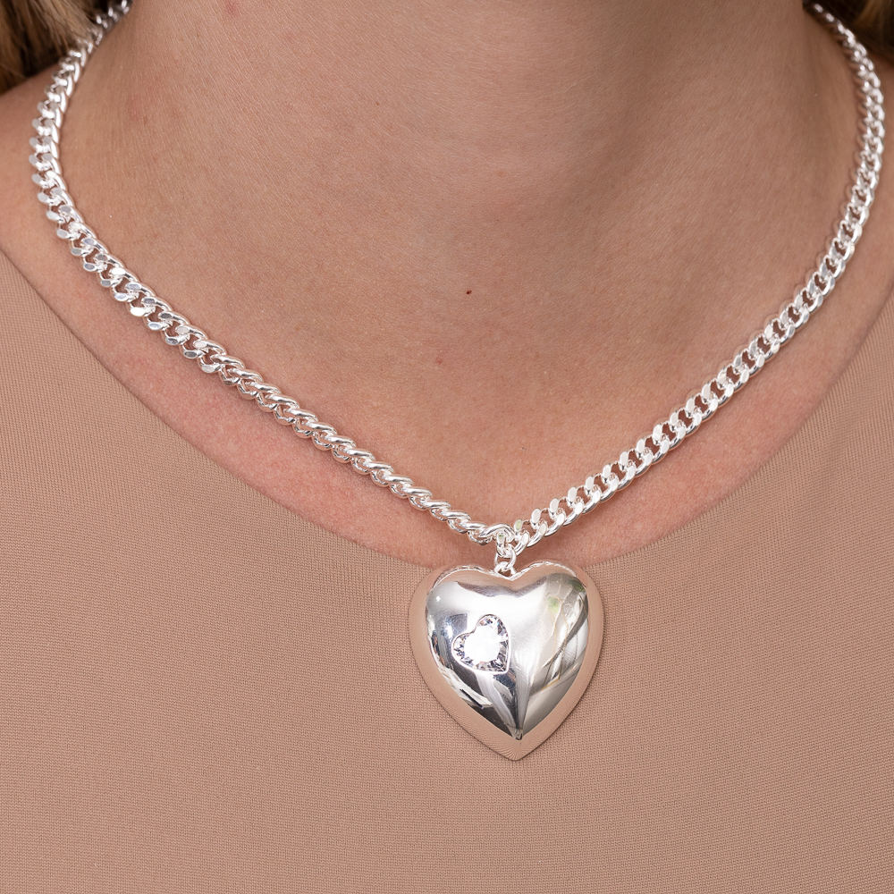 COLAR CORAÇÃO BIG COM PEDRA CRISTAL BANHO PRATA