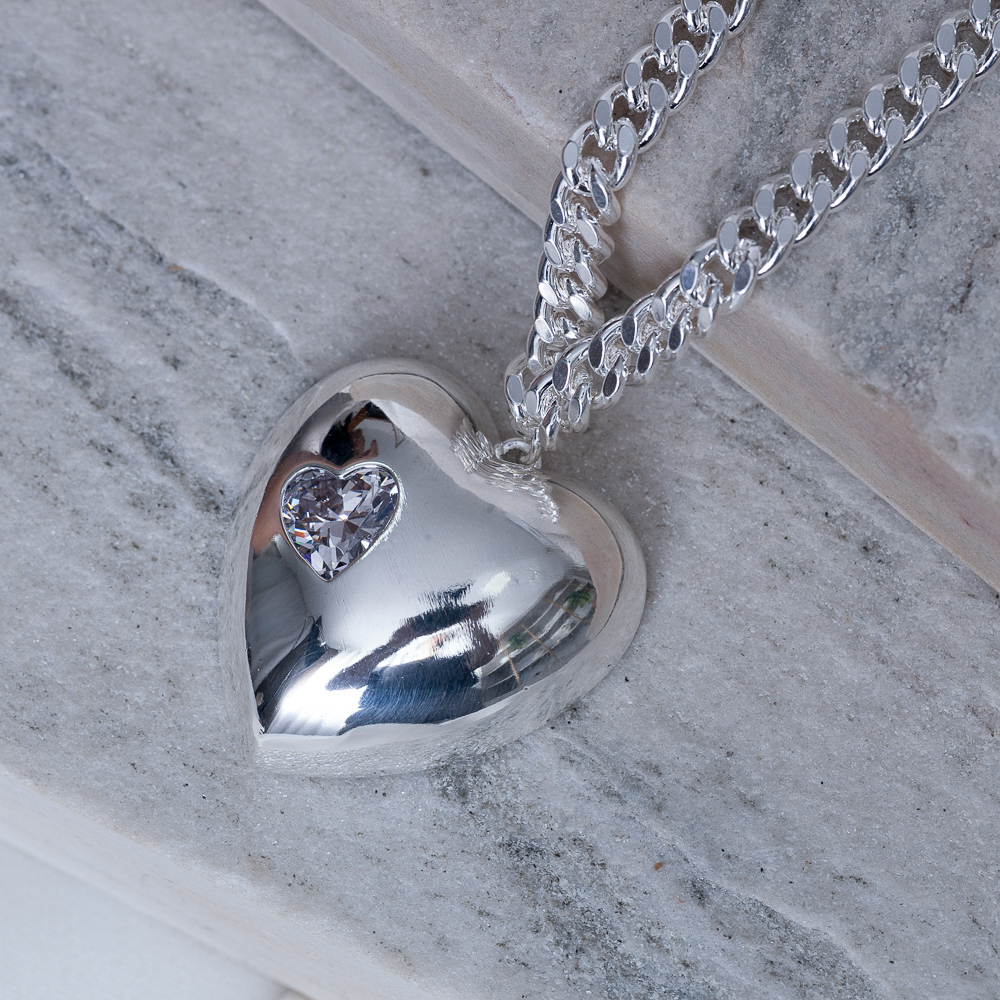 COLAR CORAÇÃO BIG COM PEDRA CRISTAL BANHO PRATA