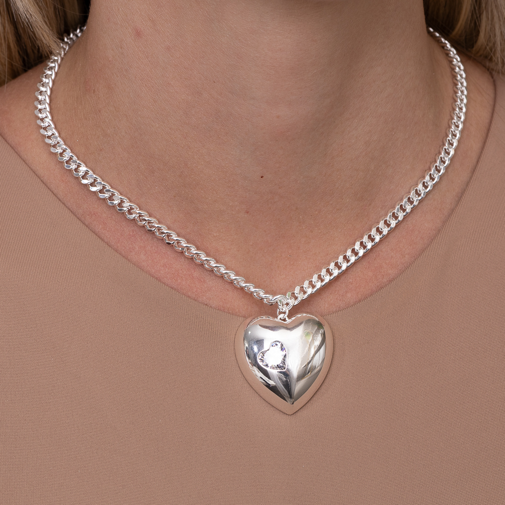 COLAR CORAÇÃO BIG COM PEDRA CRISTAL BANHO PRATA