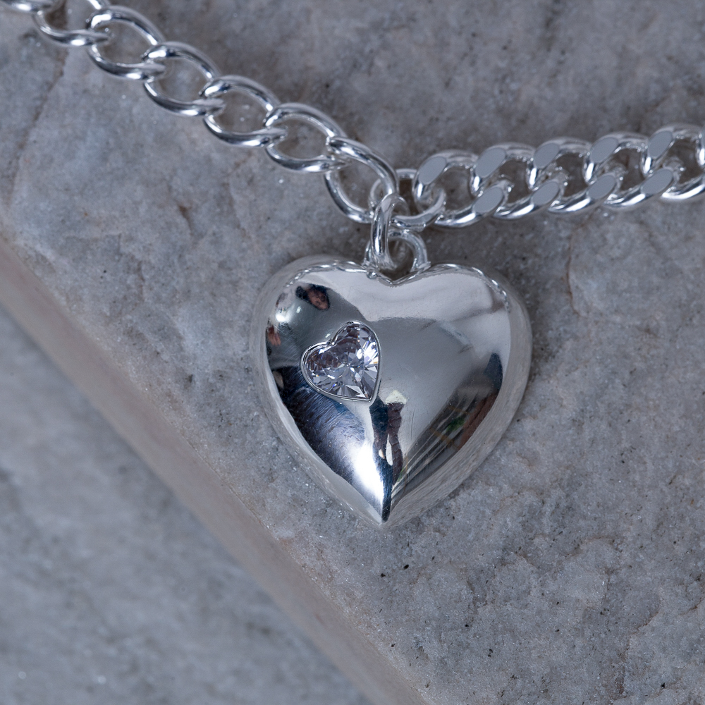 PULSEIRA CORAÇÃO LISO E COM PEDRA CRISTAL BANHO PRATA