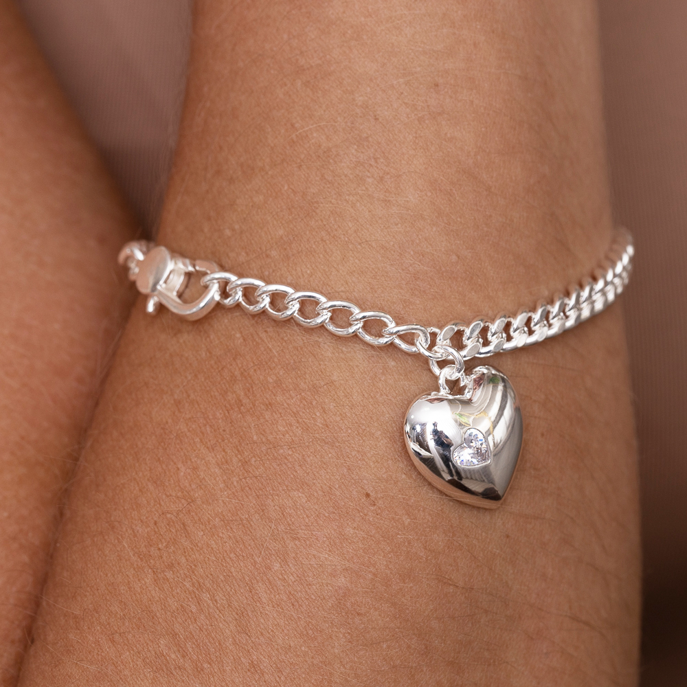 PULSEIRA CORAÇÃO LISO E COM PEDRA CRISTAL BANHO PRATA