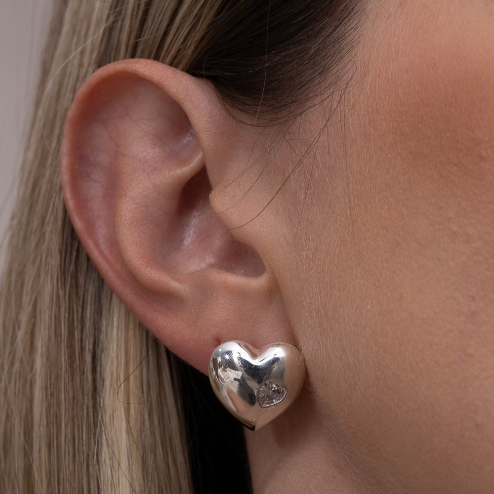 BRINCO CORAÇÃO LISO E COM PEDRACRISTAL BANHO PRATA