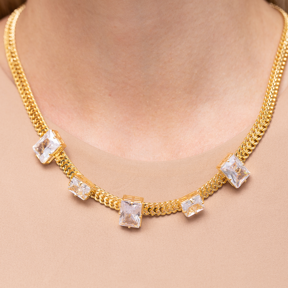 COLAR CORRENTE LACRAIA COM PEDRAS CRISTAIS BANHO OURO 18K