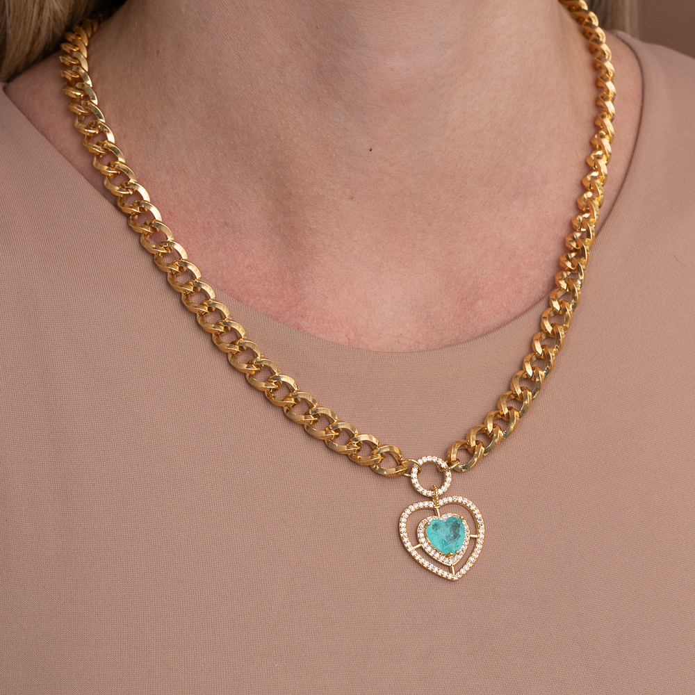 COLAR GRUMET CORAÇÃO COM PEDRA VERDE TIFANNY BANHO OURO 18K