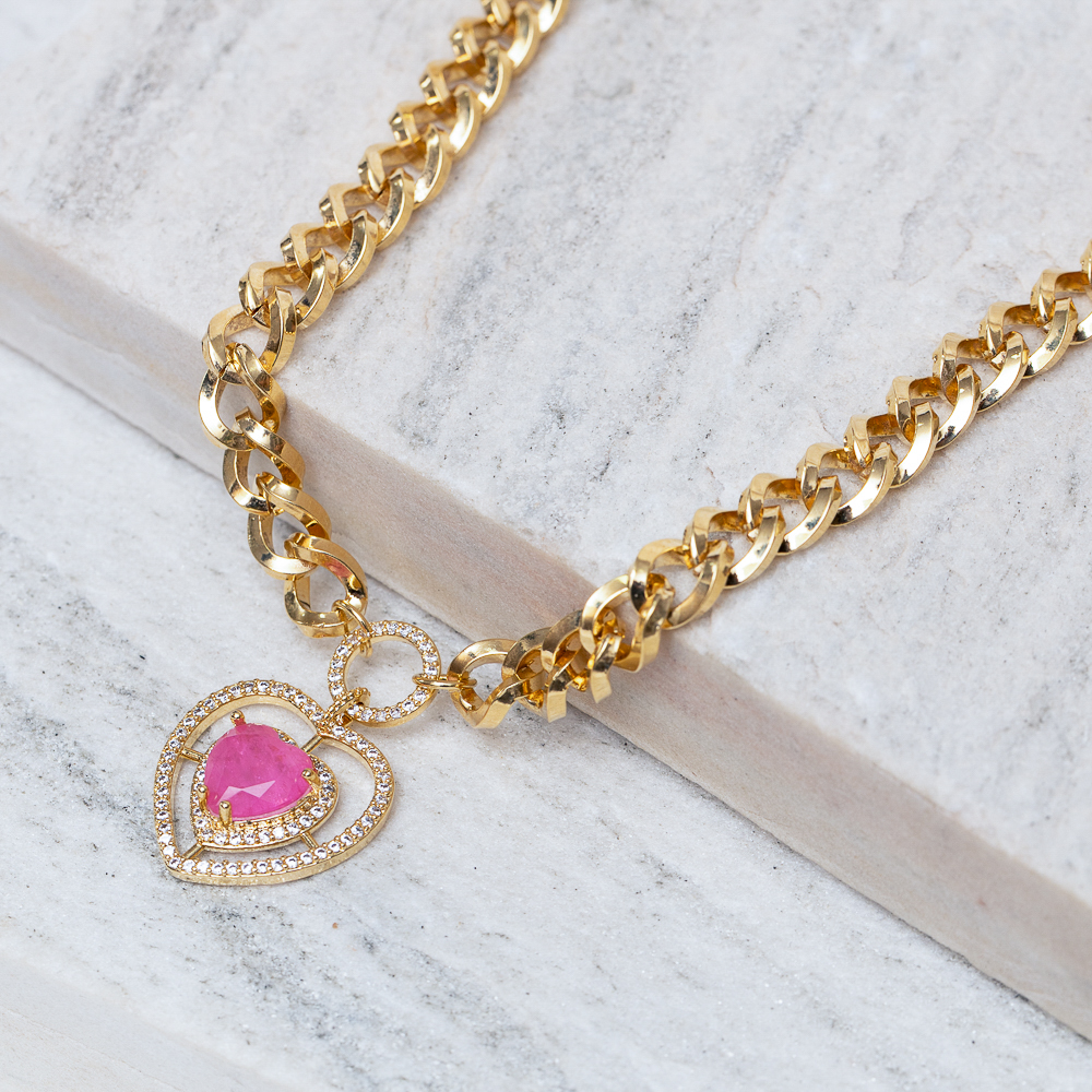 COLAR GRUMET CORAÇÃO COM PEDRA ROSA IOGURTE BANHO OURO 18K