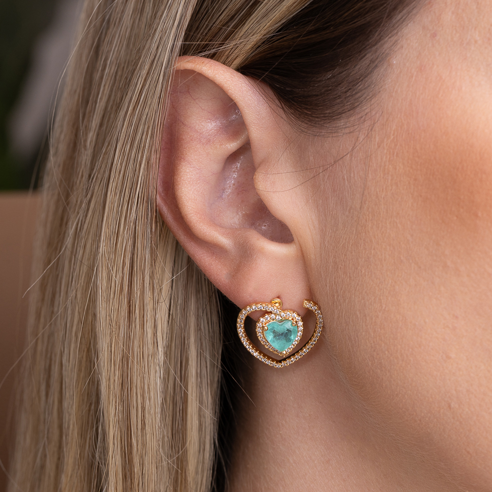 BRINCO CORAÇÃO 2 EM 1 COM PEDRA VERDE TIFANNY BANHO OURO 18K