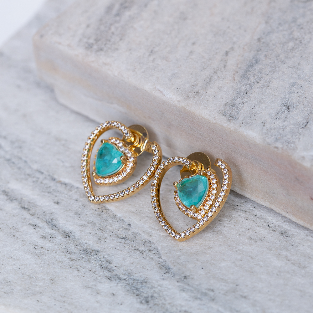 BRINCO CORAÇÃO 2 EM 1 COM PEDRA VERDE TIFANNY BANHO OURO 18K