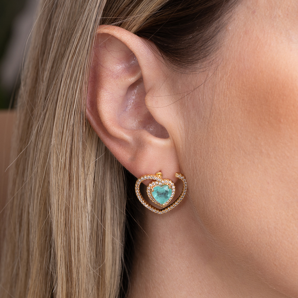 BRINCO CORAÇÃO 2 EM 1 COM PEDRA VERDE TIFANNY BANHO OURO 18K