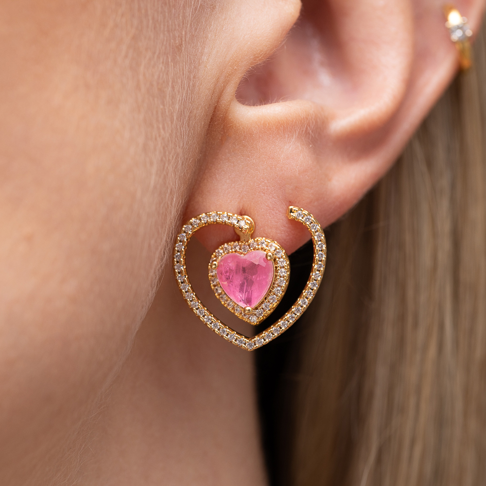 BRINCO CORAÇÃO 2 EM 1 COM PEDRA ROSA IOGURTE BANHO OURO 18K