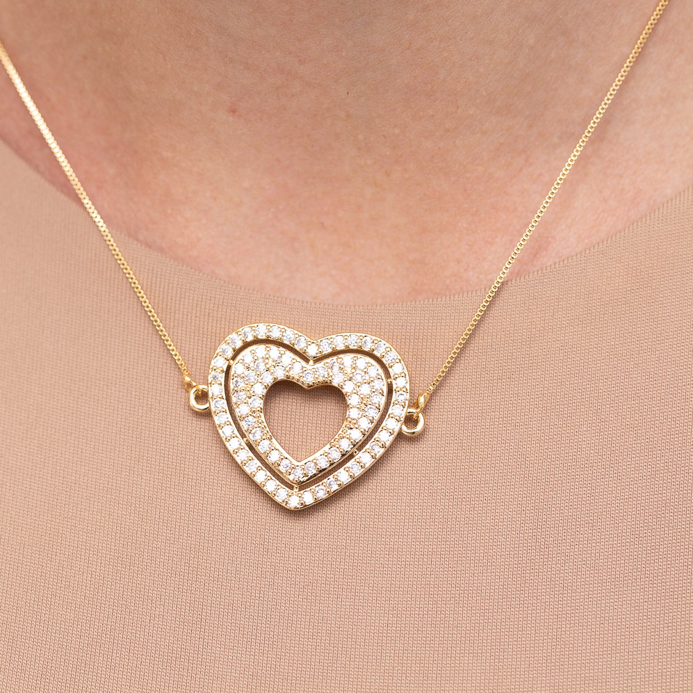 COLAR CORAÇÃO DUPLO CRAVEJADO BANHO OURO 18K