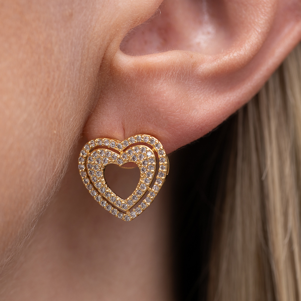 BRINCO CORAÇÃO DUPLO CRAVEJADO BANHO OURO 18K