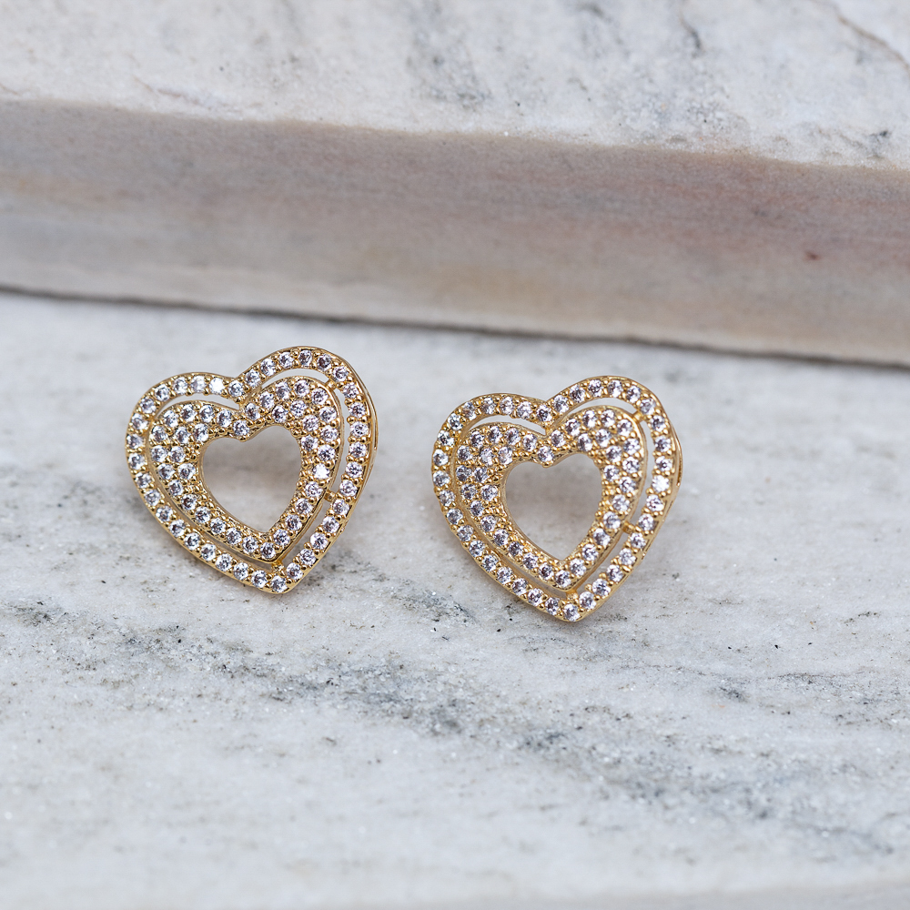 BRINCO CORAÇÃO DUPLO CRAVEJADO BANHO OURO 18K