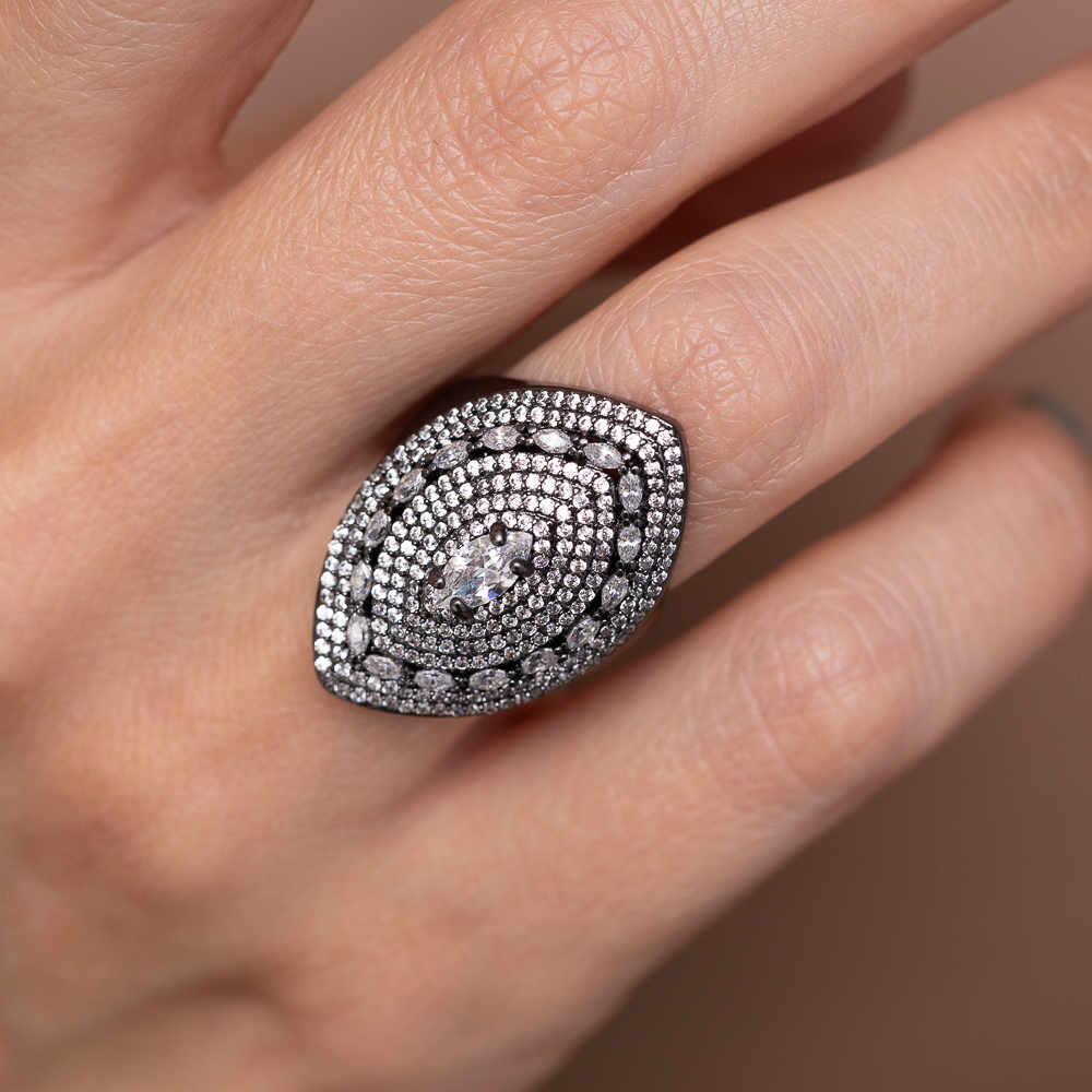 ANEL GOTA COM ZIRCÔNIAS CRISTAIS BANHO RÓDIO NEGRO