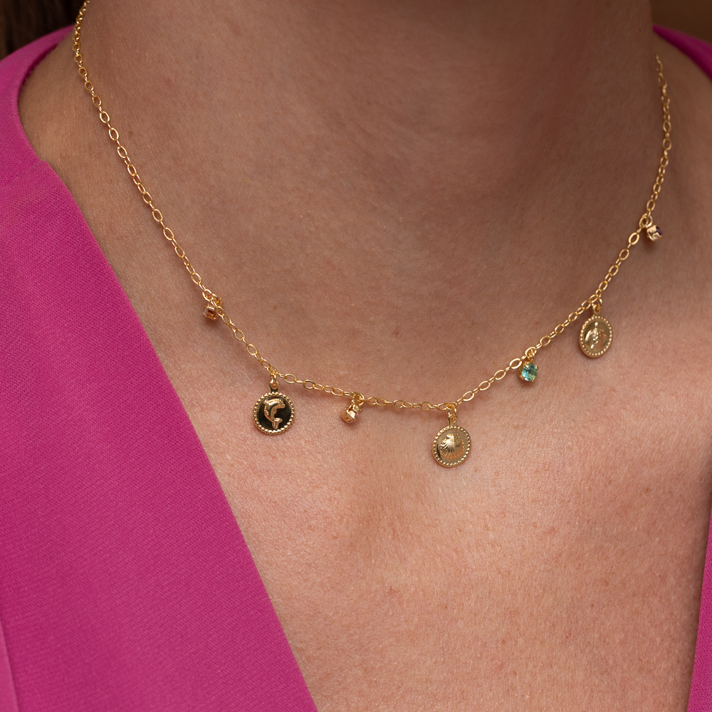 CHOKER PINGENTES DO MAR E PEDRAS COLORIDAS BANHO OURO 18K