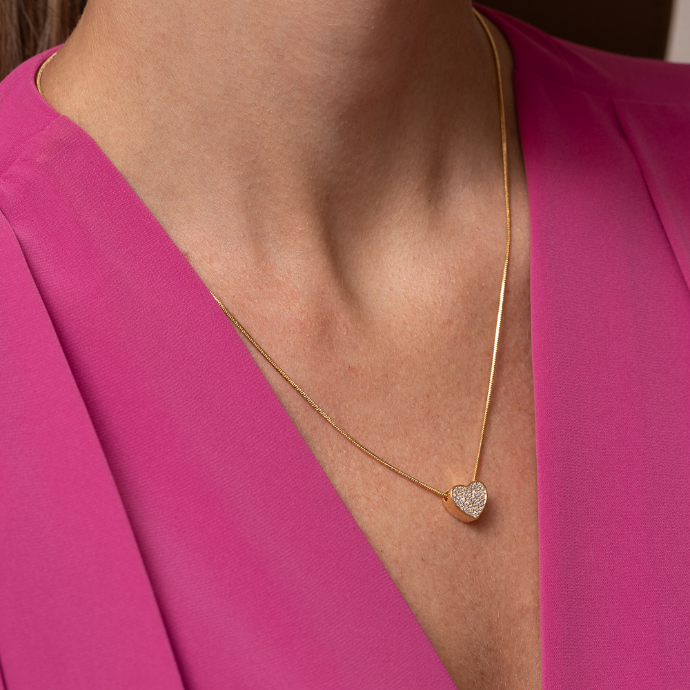 COLAR CORAÇÃO CRAVEJADO CRISTAL BANHO OURO 18K