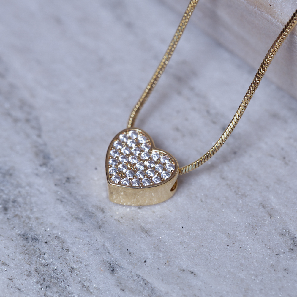 COLAR CORAÇÃO CRAVEJADO CRISTAL BANHO OURO 18K