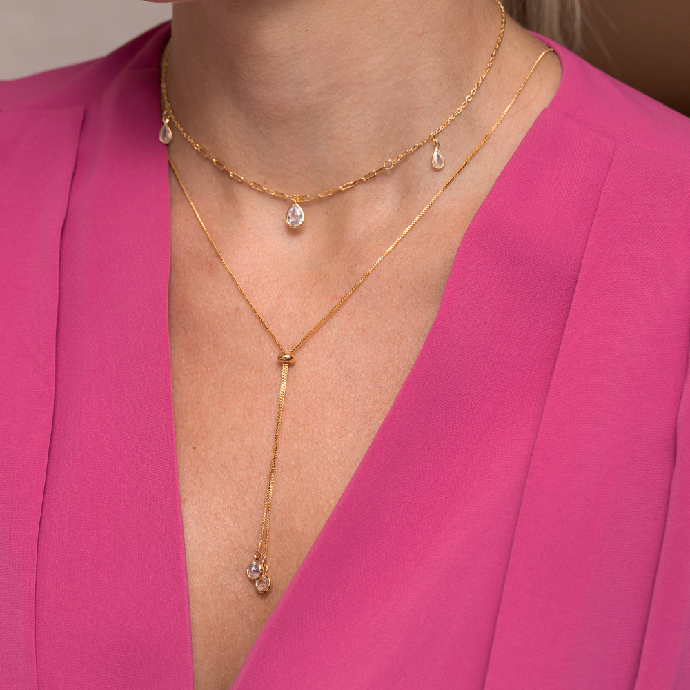 CHOKER ELOS CARTIER COM GOTAS CRISTAL BANHO OURO 18K