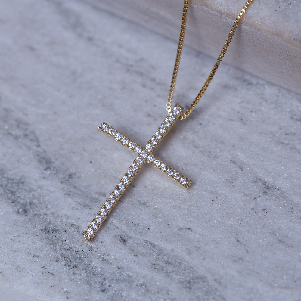 COLAR CRUZ FINA CRISTAL BANHO OURO 18K