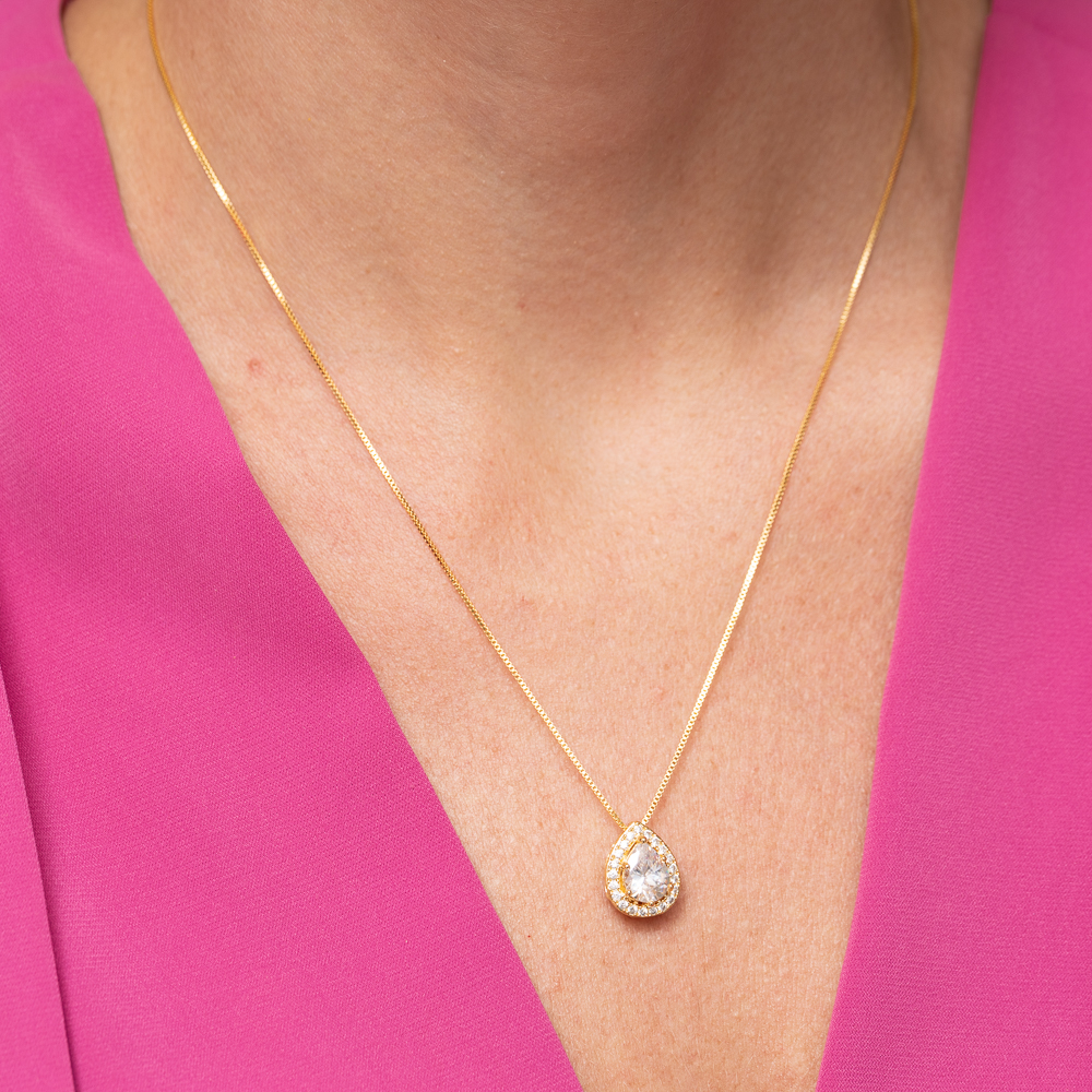 CONJUNTO GOTA CRISTAL E CRAVEJADA BANHO OURO 18K