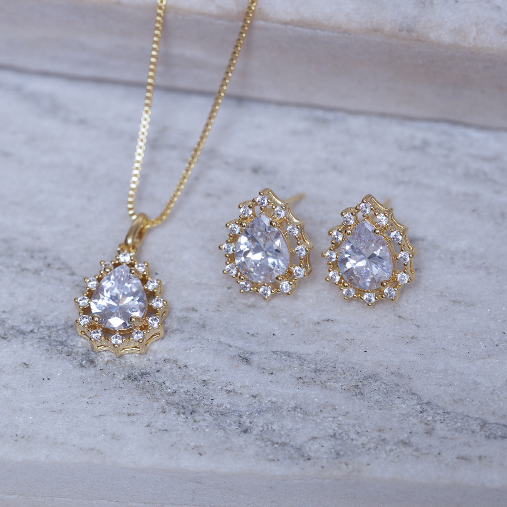CONJUNTO GOTA CRISTAL COM ZIRCÔNIAS CRISTAIS BANHO OURO 18K
