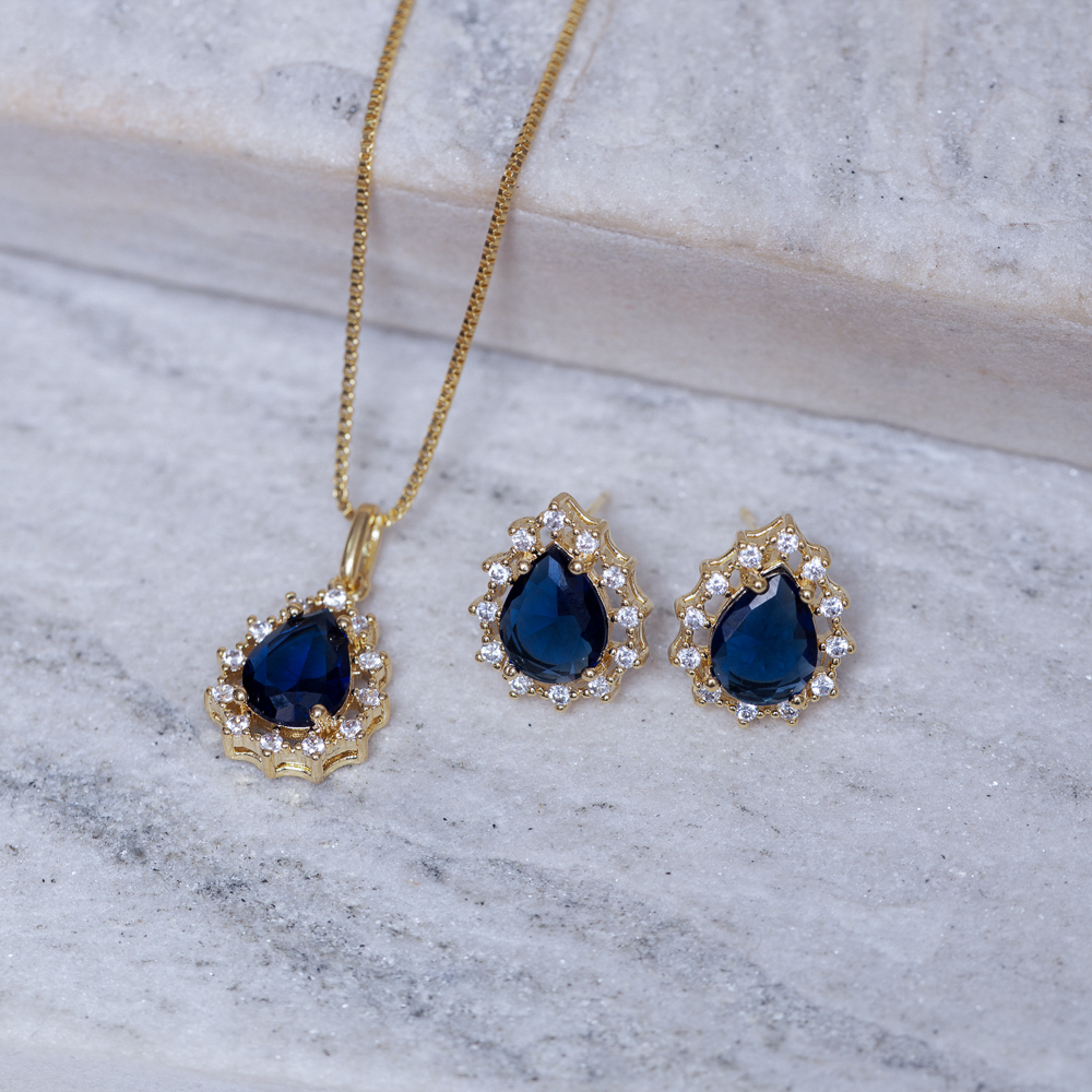 CONJUNTO GOTA AZUL MARINHO COM ZIRCÔNIAS CRISTAIS BANHO OURO 18K