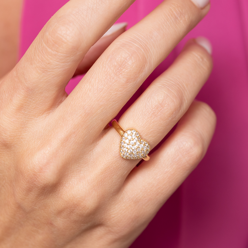 ANEL CORAÇÃO PUFFER CRAVEJADO REGULÁVEL BANHO OURO18K