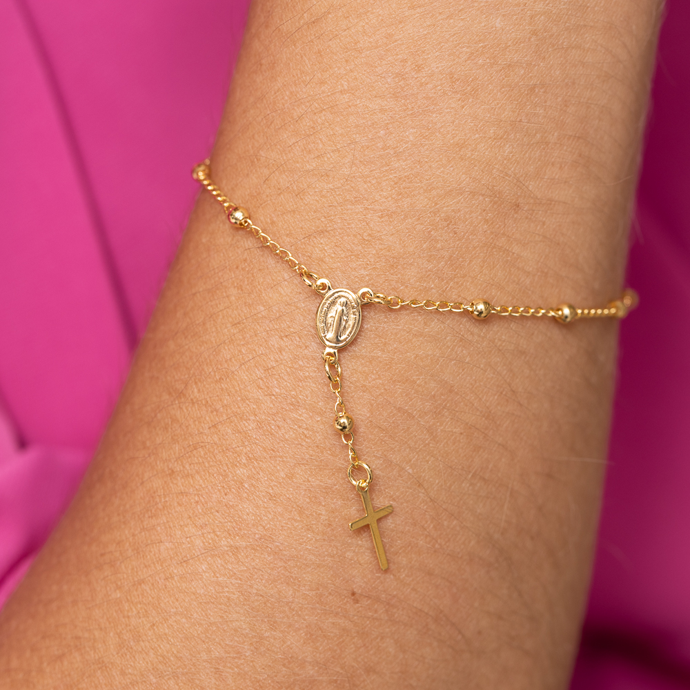 PULSEIRA TERÇO CRUZ FINA BANHO OURO 18K