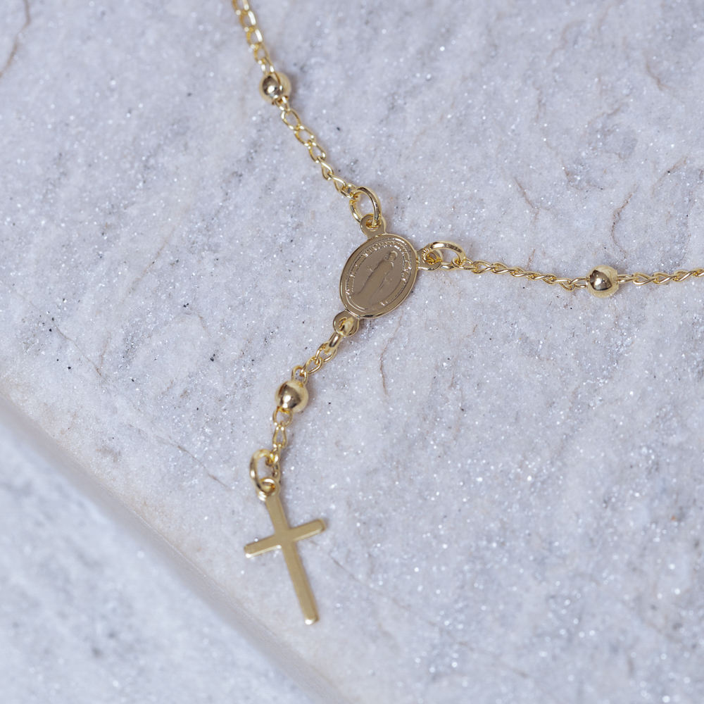 PULSEIRA TERÇO CRUZ FINA BANHO OURO 18K