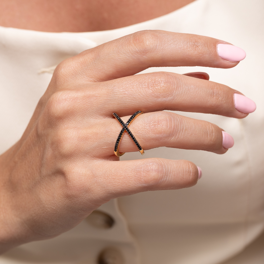 ANEL X COM CANETA RÓDIO NEGRO BANHO OURO 18K