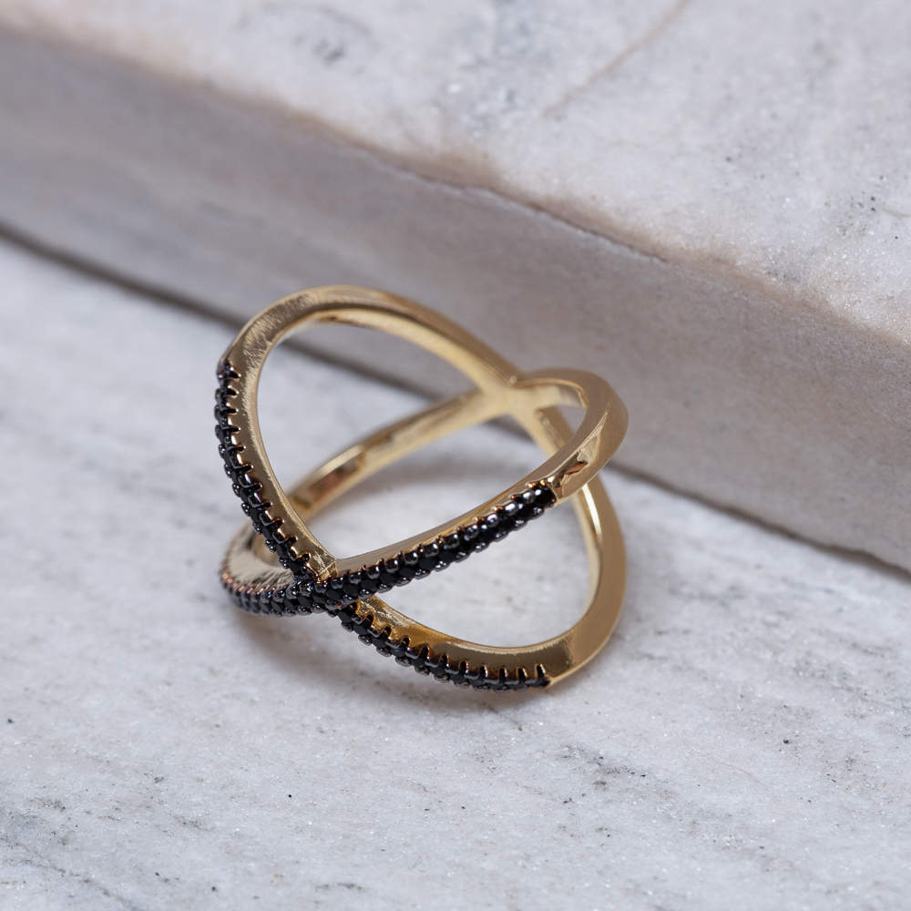 ANEL X COM CANETA RÓDIO NEGRO BANHO OURO 18K