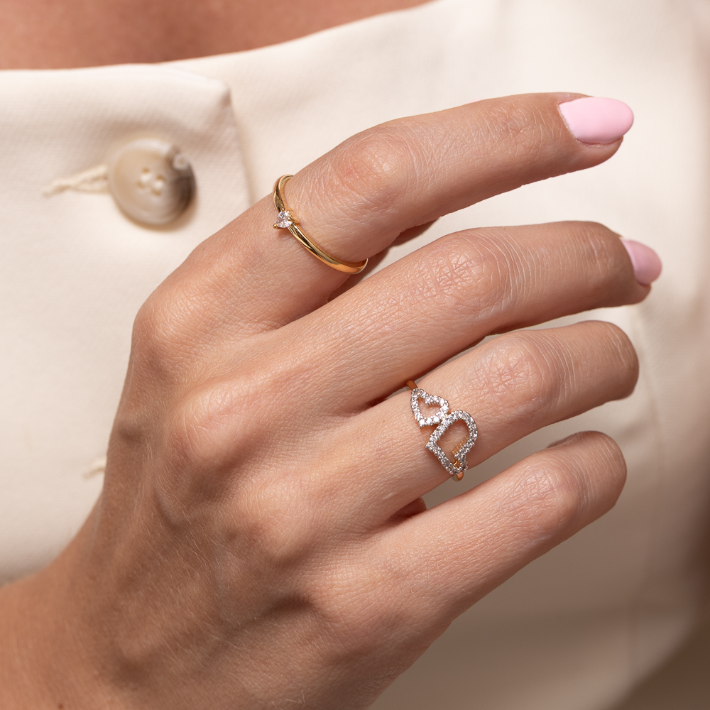 ANEL CORAÇÃO DUPLO COM RÓDIO BRANCO BANHO OURO 18K