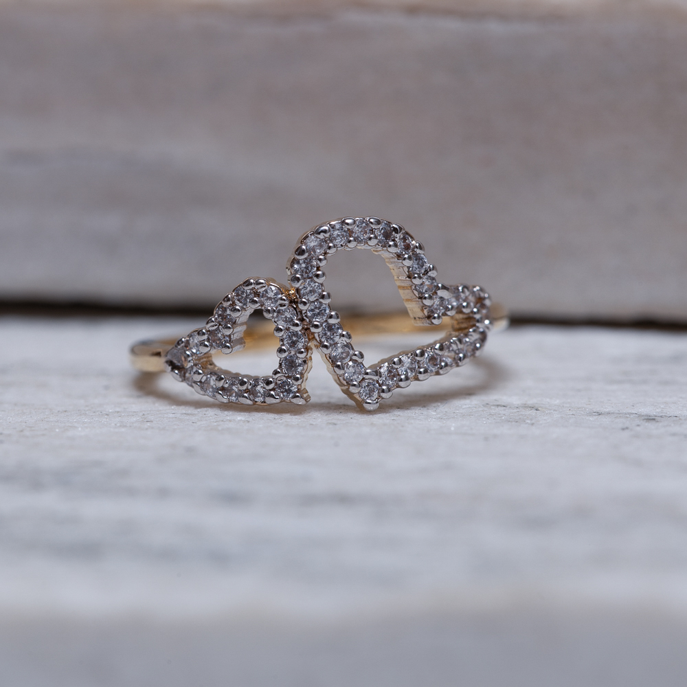 ANEL CORAÇÃO DUPLO COM RÓDIO BRANCO BANHO OURO 18K