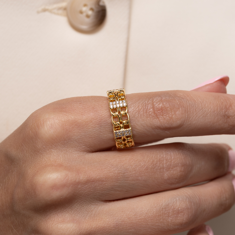 ANEL ELO GRUMET COM ZIRCÔNIAS CRISTAIS BANHO OURO18K