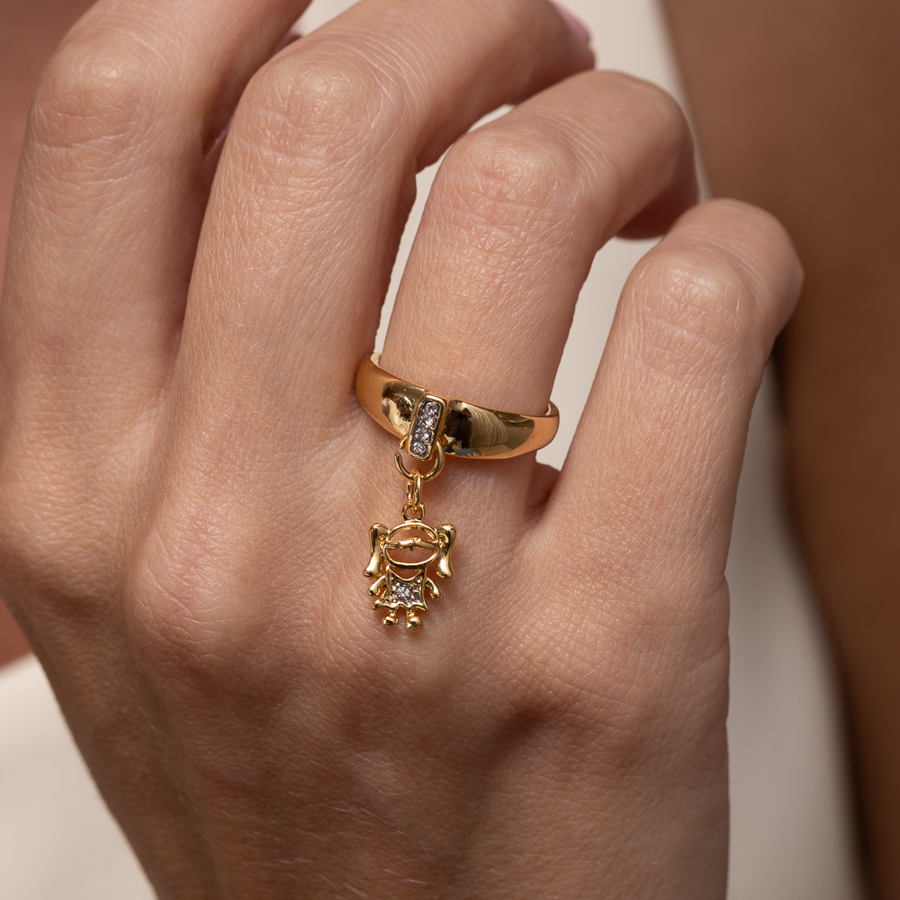 ANEL FILHOS MENINA COM RÓDIO BRANCO BANHO OURO 18K