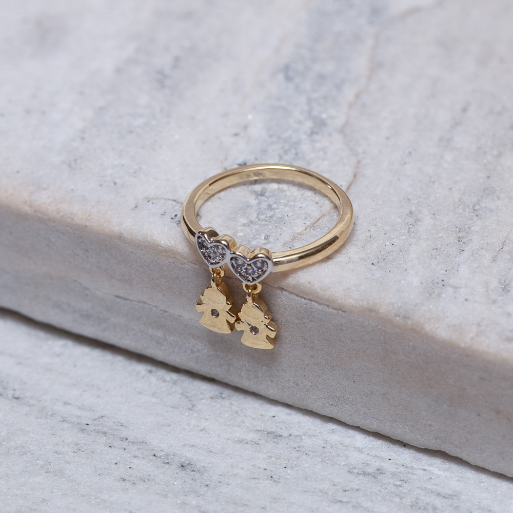 ANEL FILHOS DUAS MENINAS DOIS CORAÇÕES BANHO OURO 18K