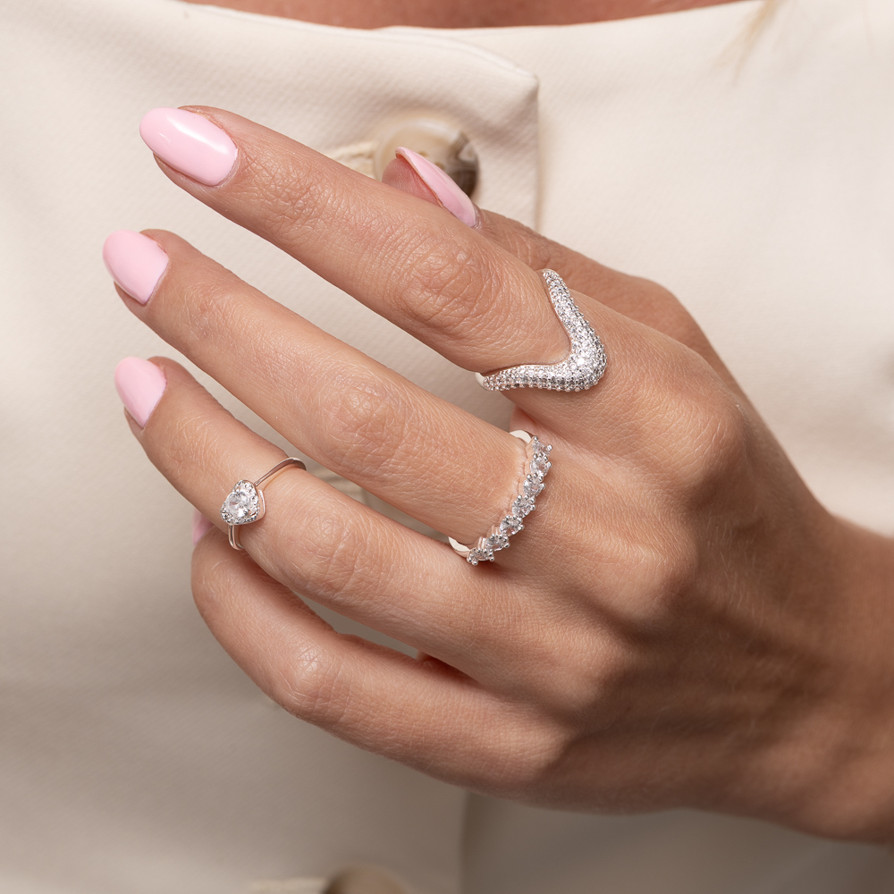 ANEL FALANGE CORAÇÃO CRISTAL BANHO PRATA