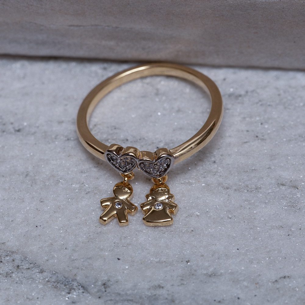 ANEL FILHOS CASAL DOIS CORAÇÕES BANHO OURO 18K