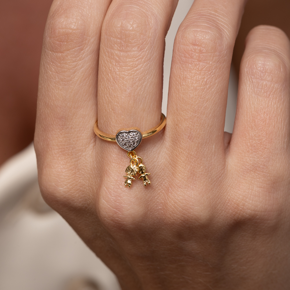 ANEL FILHOS CASAL CORAÇÃO CRAVEJADO BANHO OURO 18K